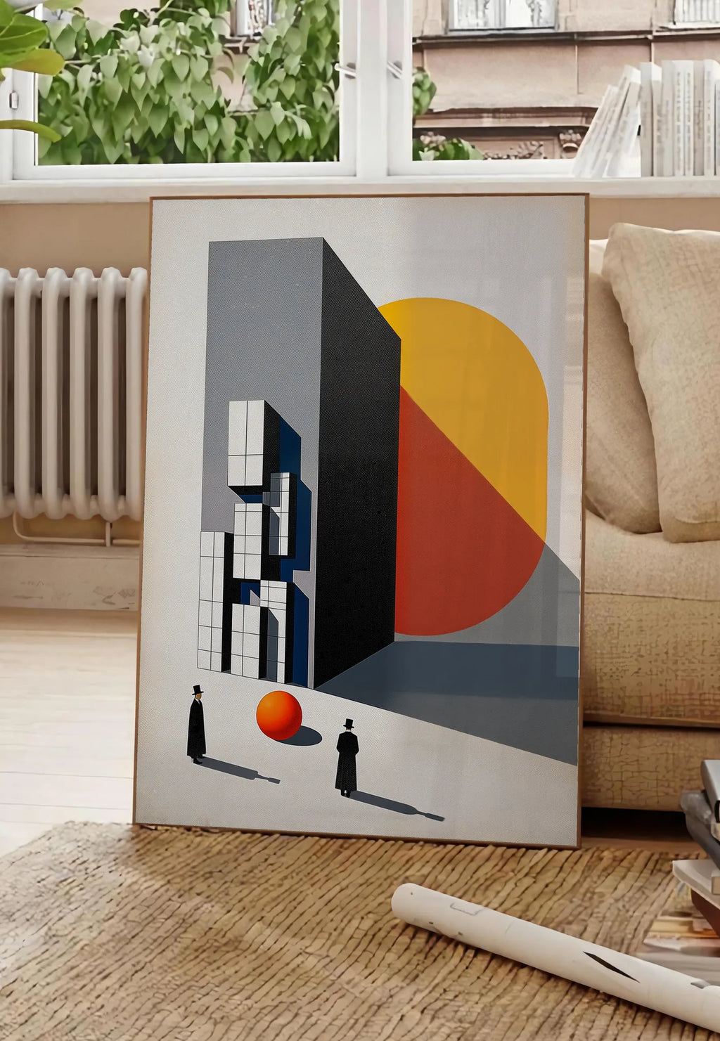 Poster architecture et Spheres, posee au sol dans un salon parisien, devant une grande fenetre donnant sur un immeuble haussmannien, entre un ficus et un canape creme