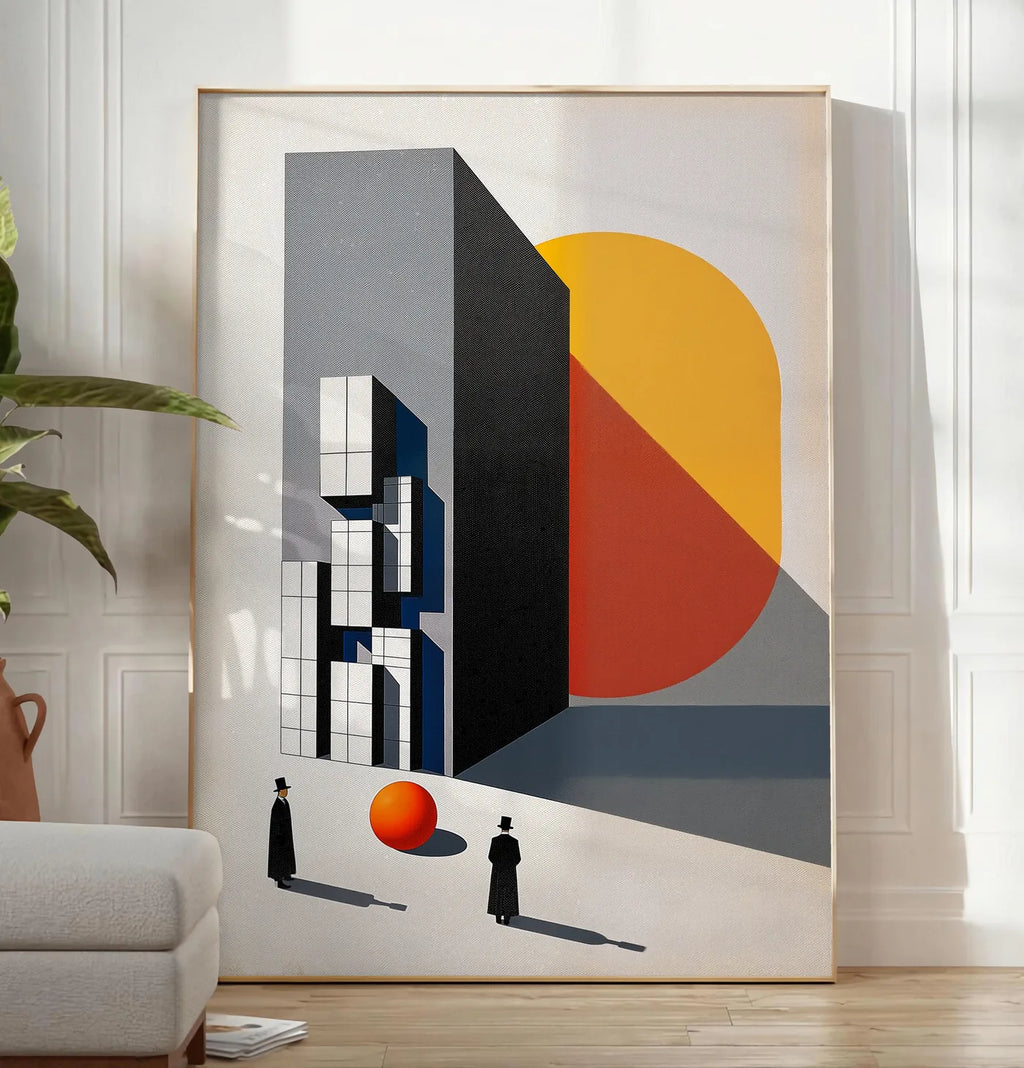 Reproduction architecture et Spheres, posee au sol dans un salon minimaliste clair, a cote d'un canape beige et d'une plante verte, sur un parquet clair