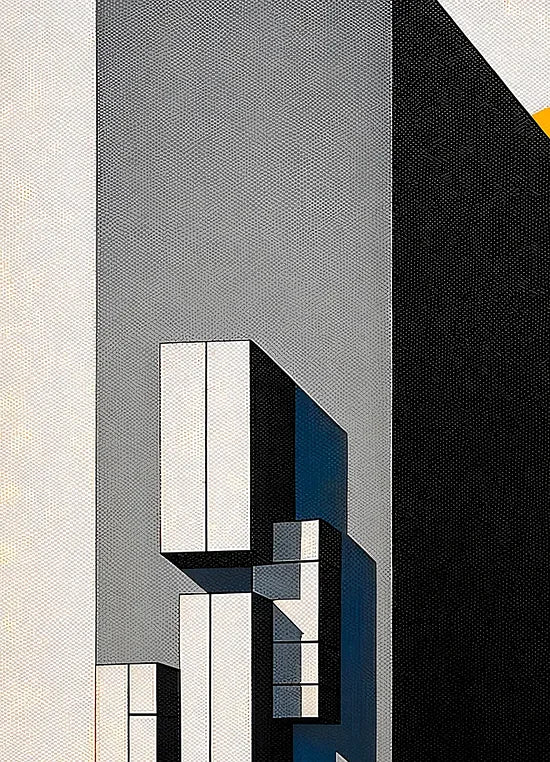 Gros plan sur architecture surreelle de l'affiche Bauhaus geometrique