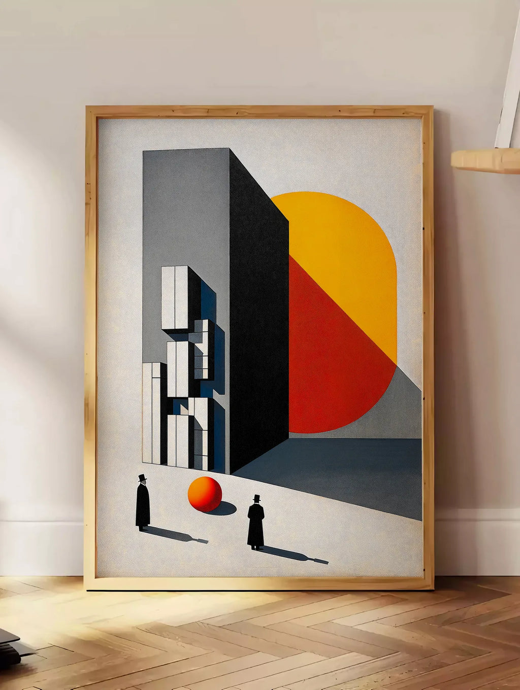Estampe architecture Surreelle, posee au sol dans un coin salon, sur un parquet a chevrons, pres d'une table d'appoint en chene chargee de livres