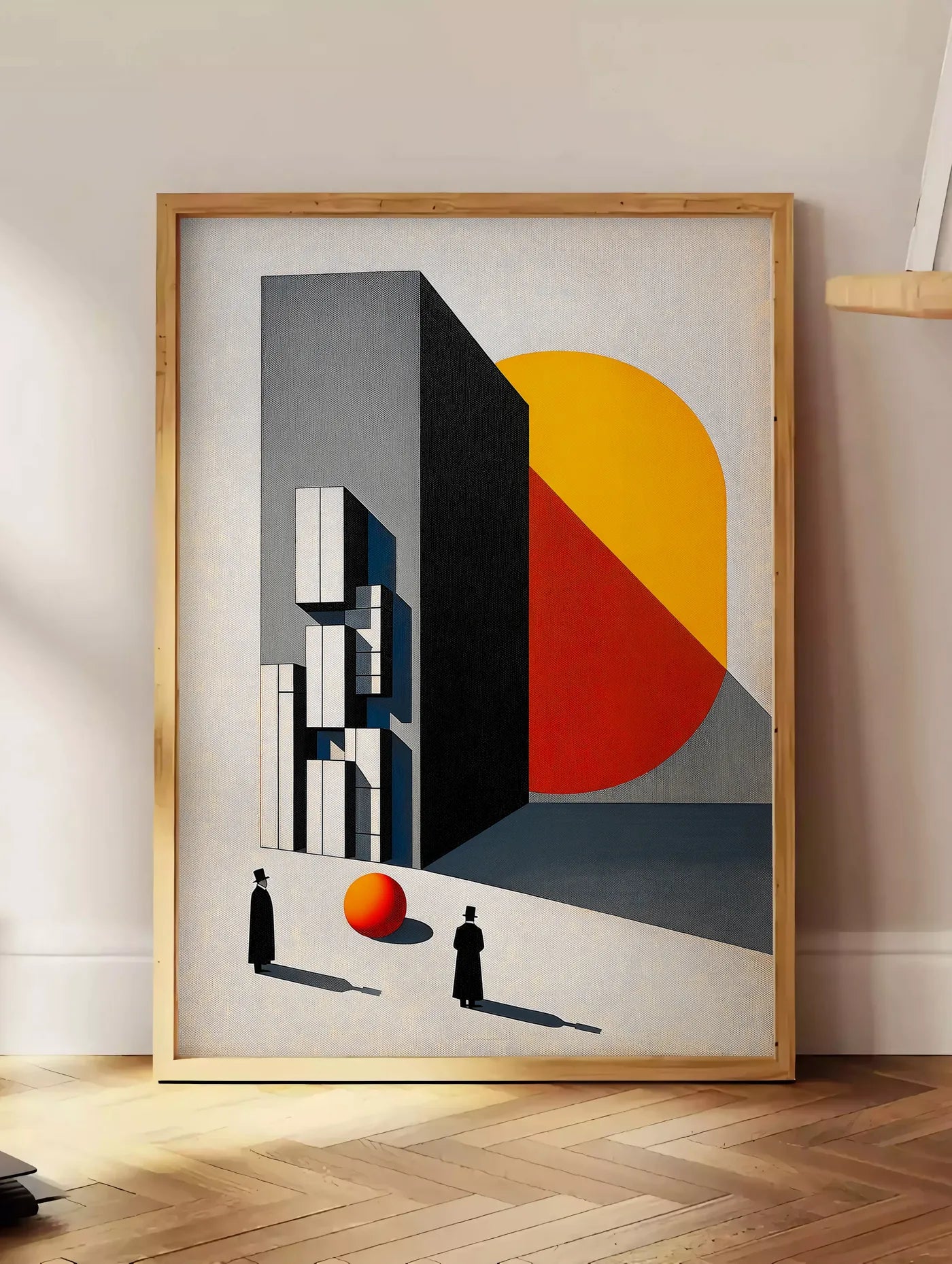 Estampe architecture Surreelle, posee au sol dans un coin salon, sur un parquet a chevrons, pres d'une table d'appoint en chene chargee de livres