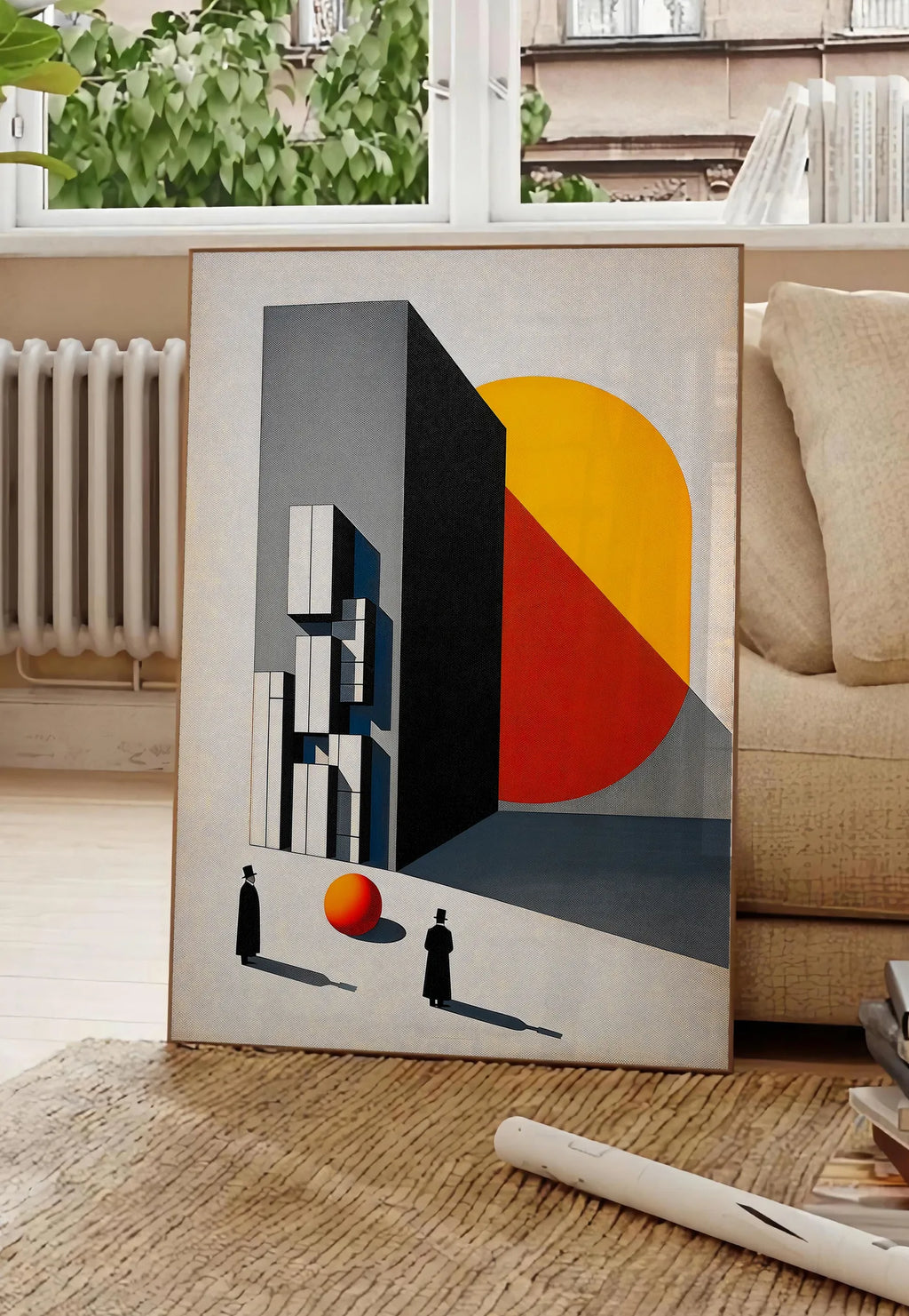 Poster architecture Surreelle, posee au sol dans un salon parisien, devant une grande fenetre donnant sur un immeuble haussmannien, entre un ficus et un canape creme