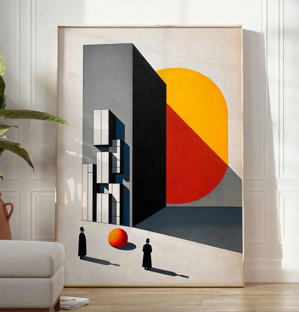Reproduction architecture Surreelle, posee au sol dans un salon minimaliste clair, a cote d'un canape beige et d'une plante verte, sur un parquet clair