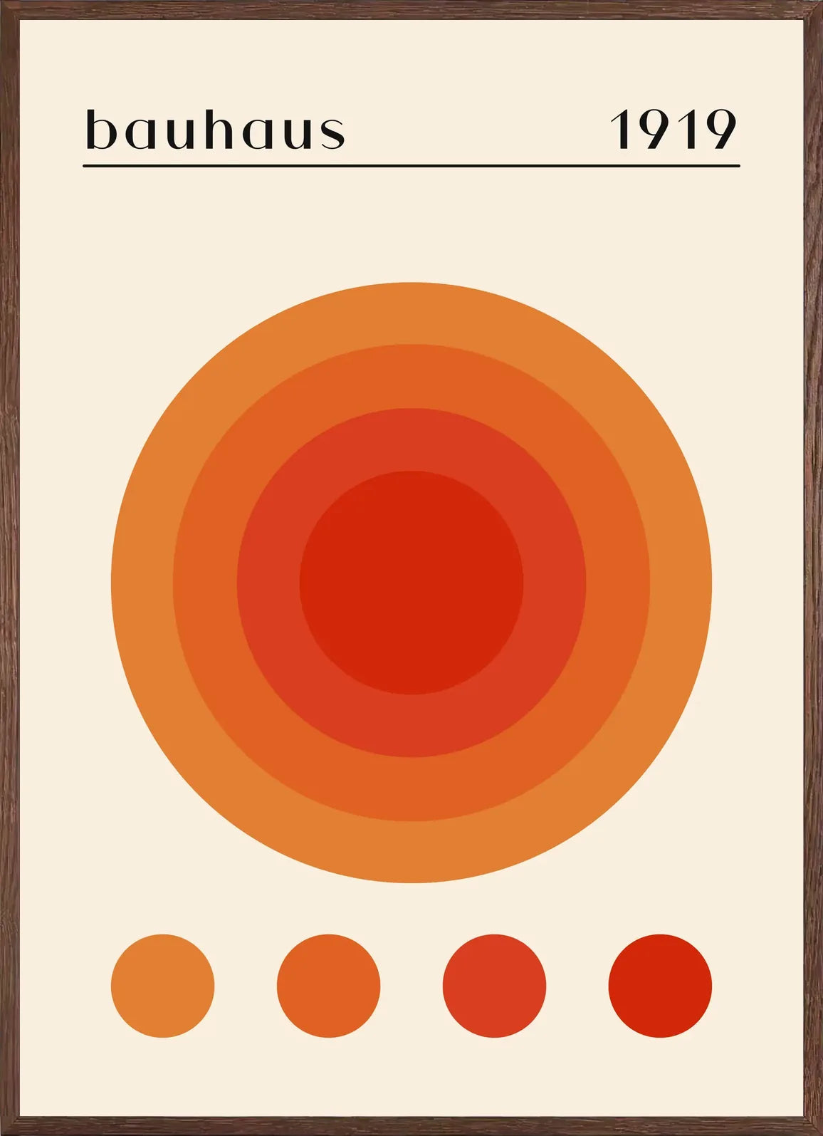 Cadre chene clair entourant l'affiche Bauhaus cercles concentriques chauds