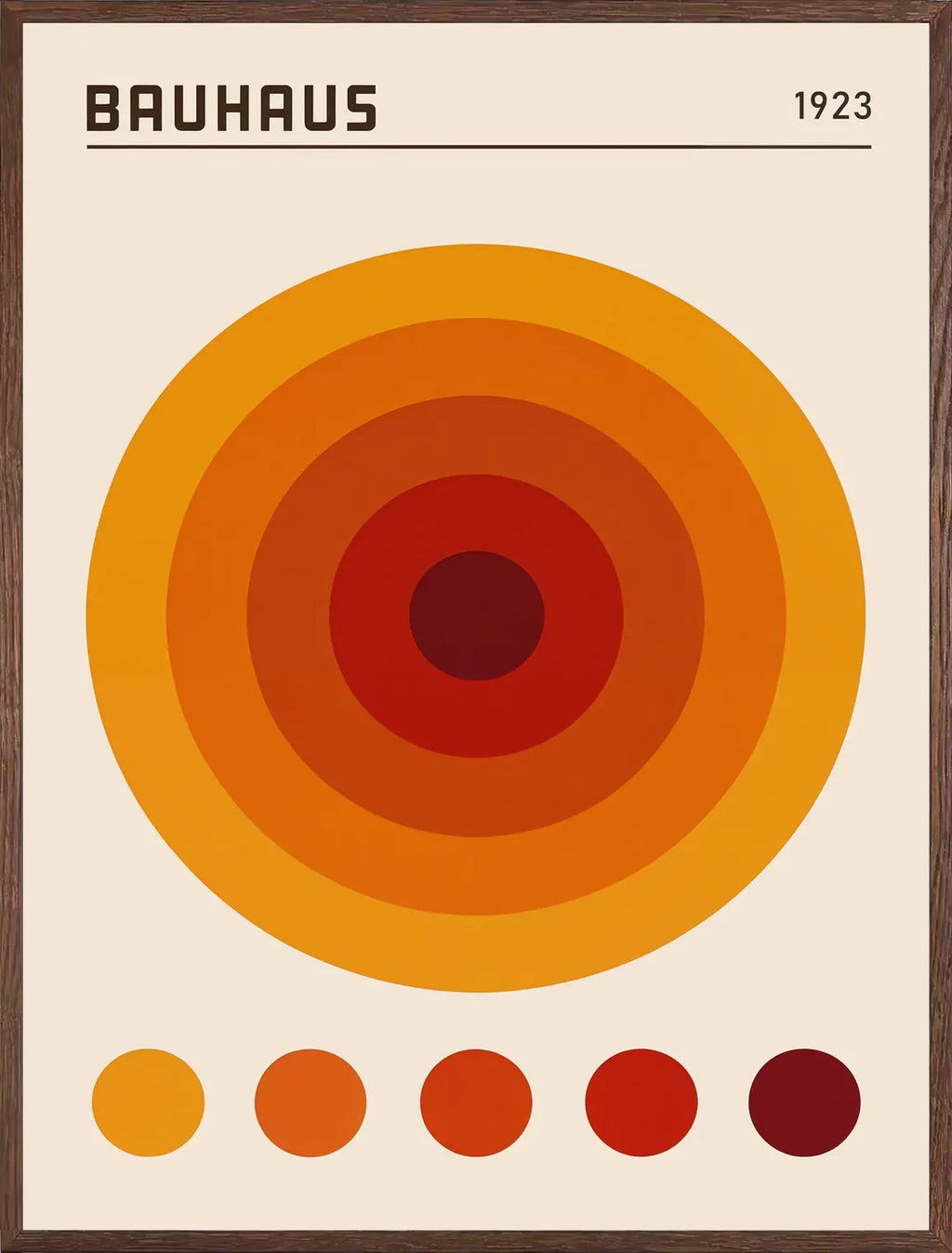 Cadre chene clair entourant l'affiche Bauhaus cercles concentriques orange