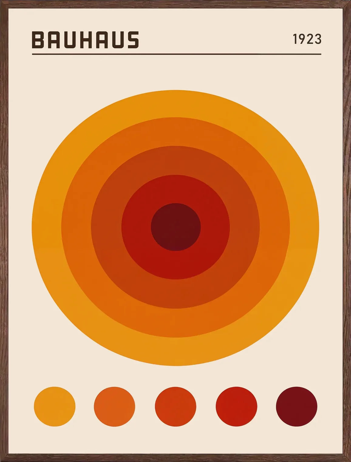Cadre chene clair entourant l'affiche Bauhaus cercles concentriques orange