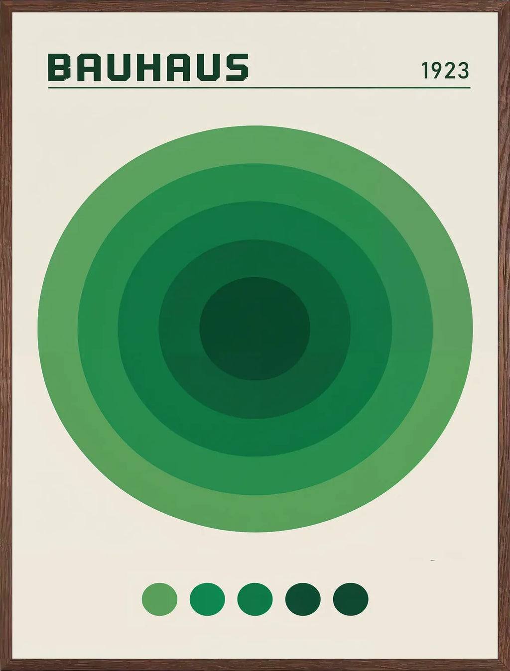 Cadre chene clair entourant l'affiche Bauhaus cercles concentriques verts