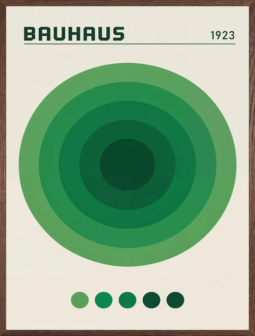 Cadre chene clair entourant l'affiche Bauhaus cercles concentriques verts