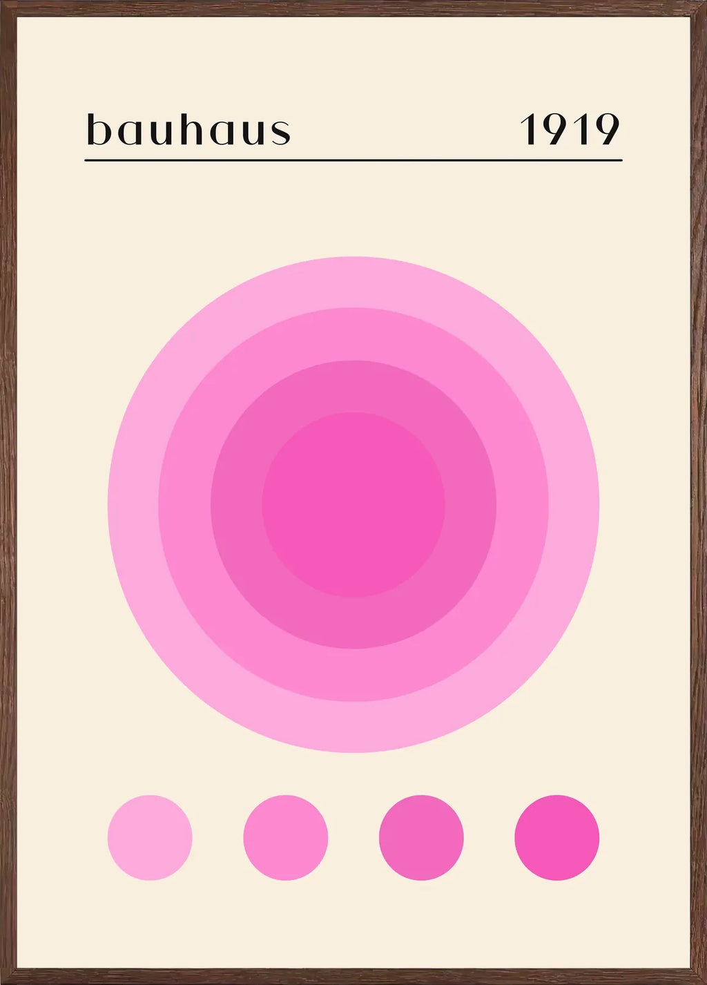 Cadre chene clair entourant l'affiche Bauhaus 1919 cercles roses geometrique