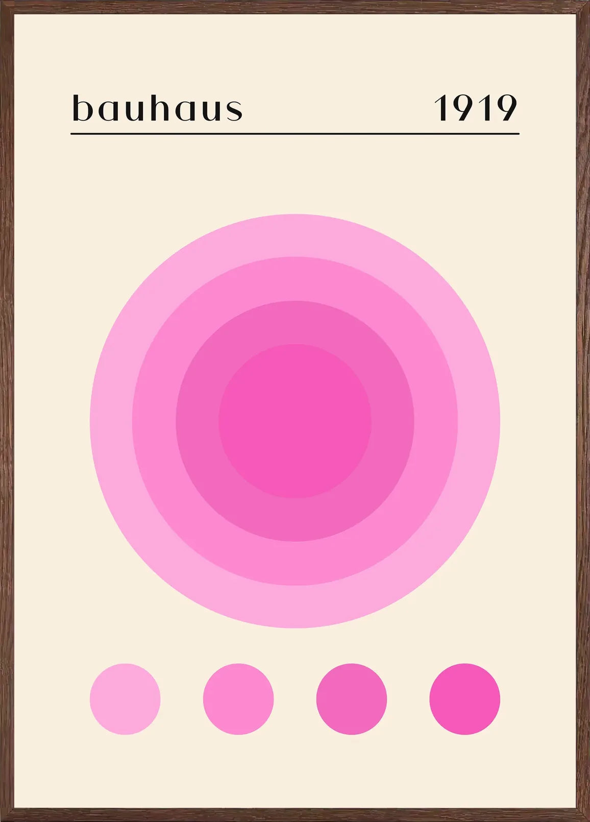 Cadre chene clair entourant l'affiche Bauhaus 1919 cercles roses geometrique