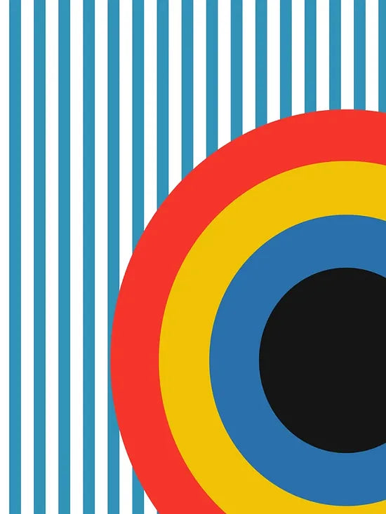 Gros plan sur cible et rayures de l'affiche Bauhaus geometrique