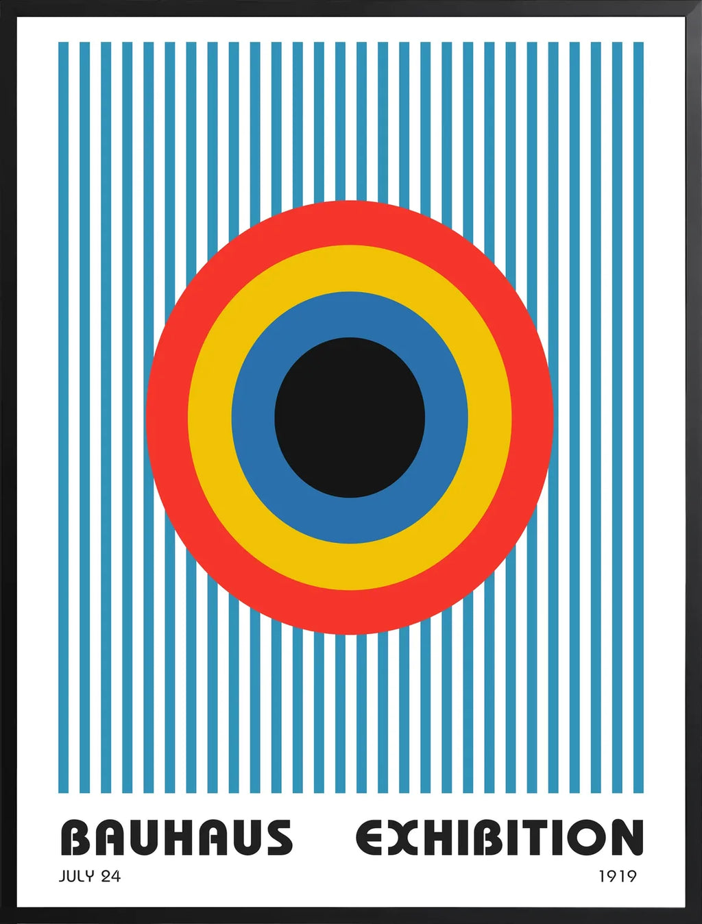 Encadrement noir mat autour de l'affiche Bauhaus cible et rayures