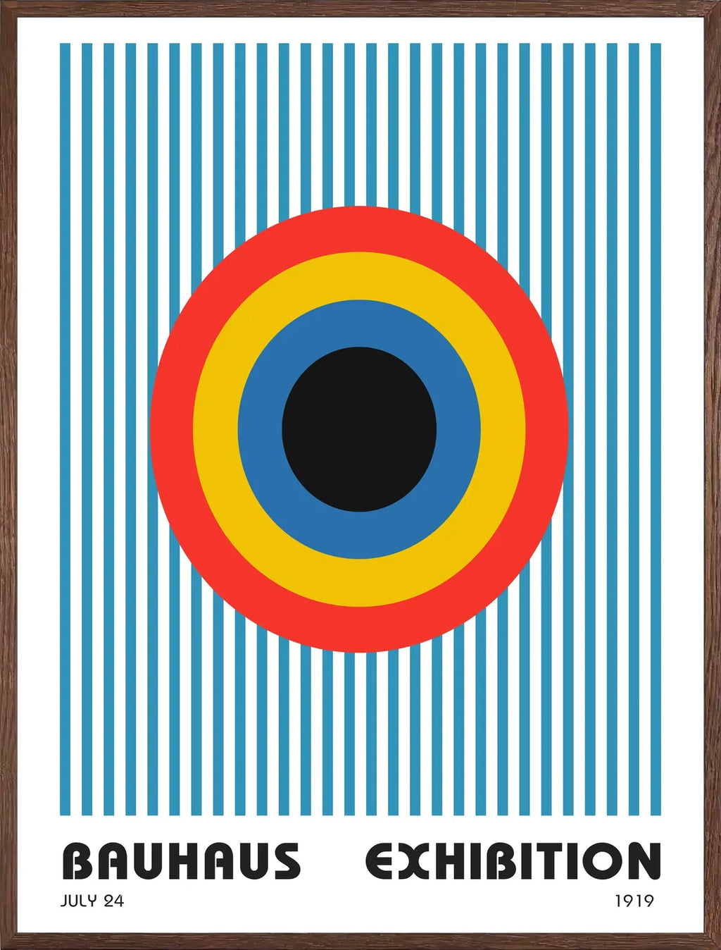 Cadre chene clair entourant l'affiche Bauhaus cible et rayures