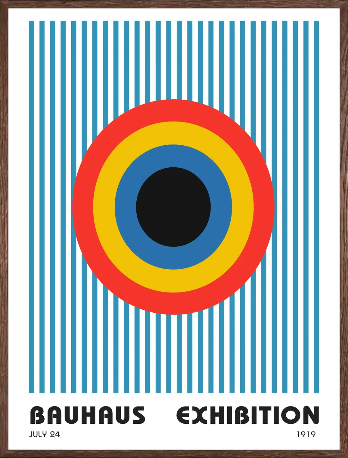 Cadre chene clair entourant l'affiche Bauhaus cible et rayures