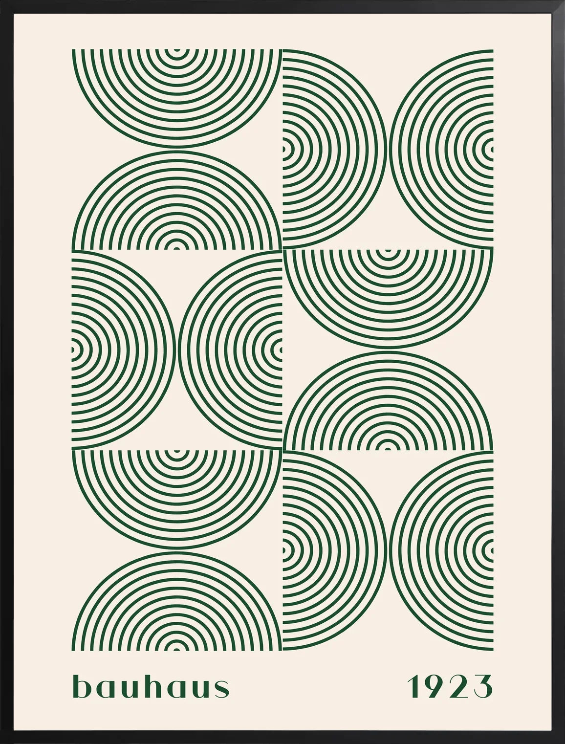 Encadrement noir mat autour de l'affiche Bauhaus arcs concentriques verts