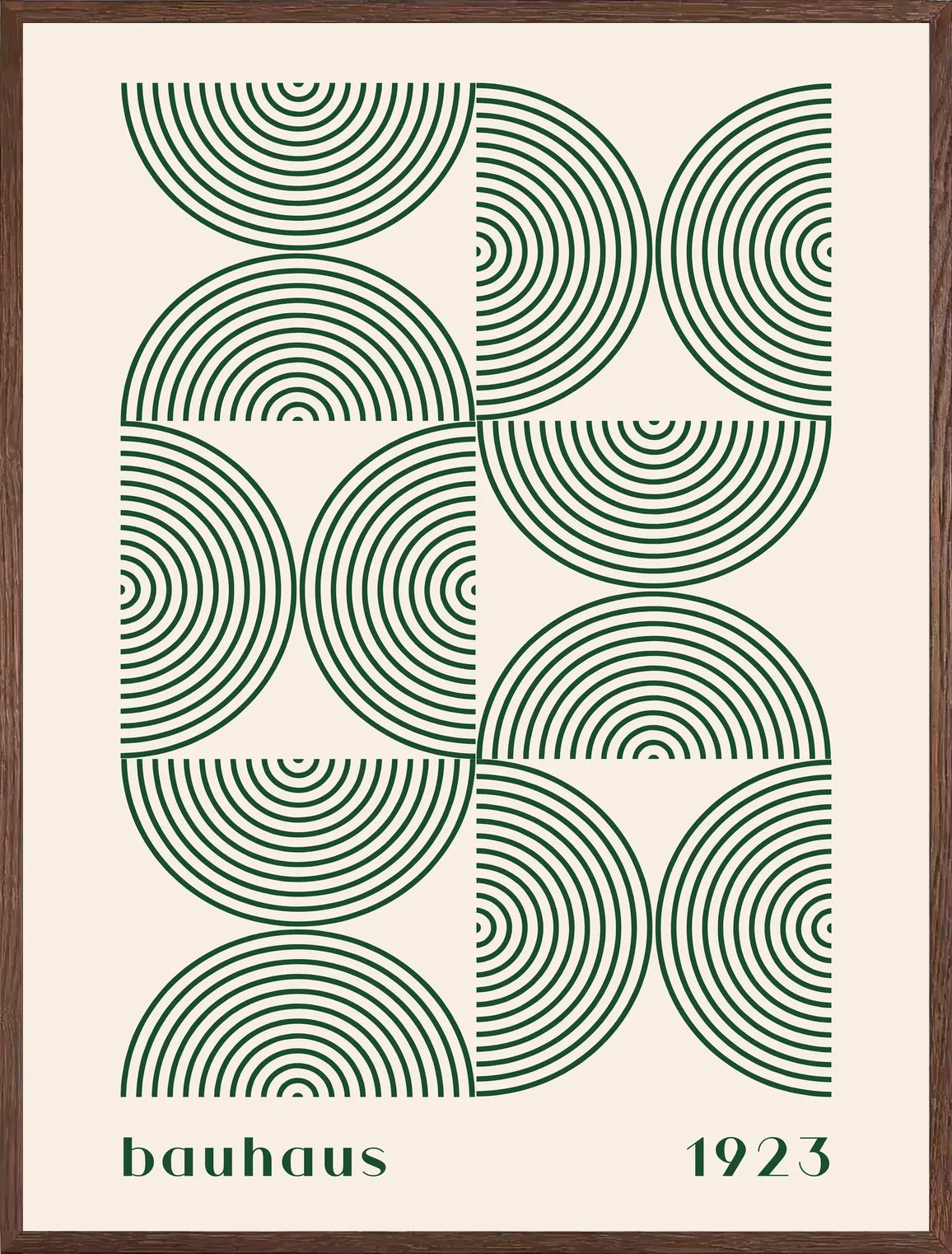 Cadre chene clair entourant l'affiche Bauhaus arcs concentriques verts