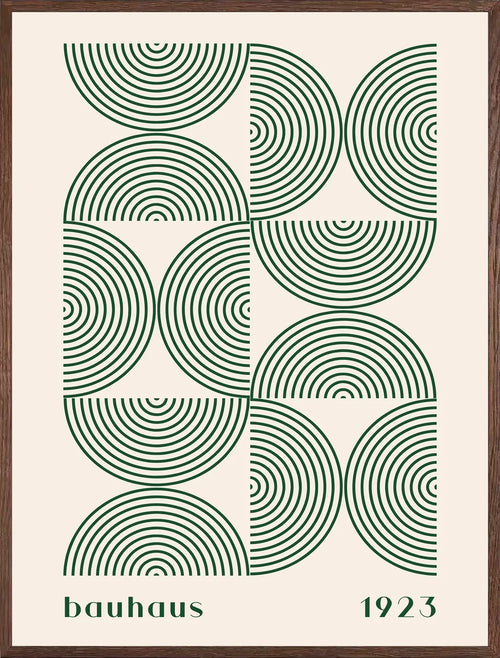 Cadre chene clair entourant l'affiche Bauhaus arcs concentriques verts