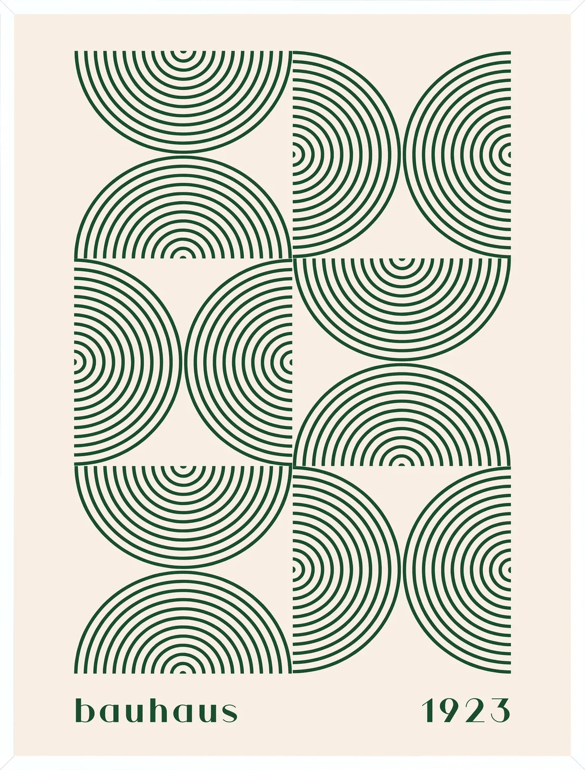 Cadre blanc epure presentant l'affiche Bauhaus arcs concentriques verts