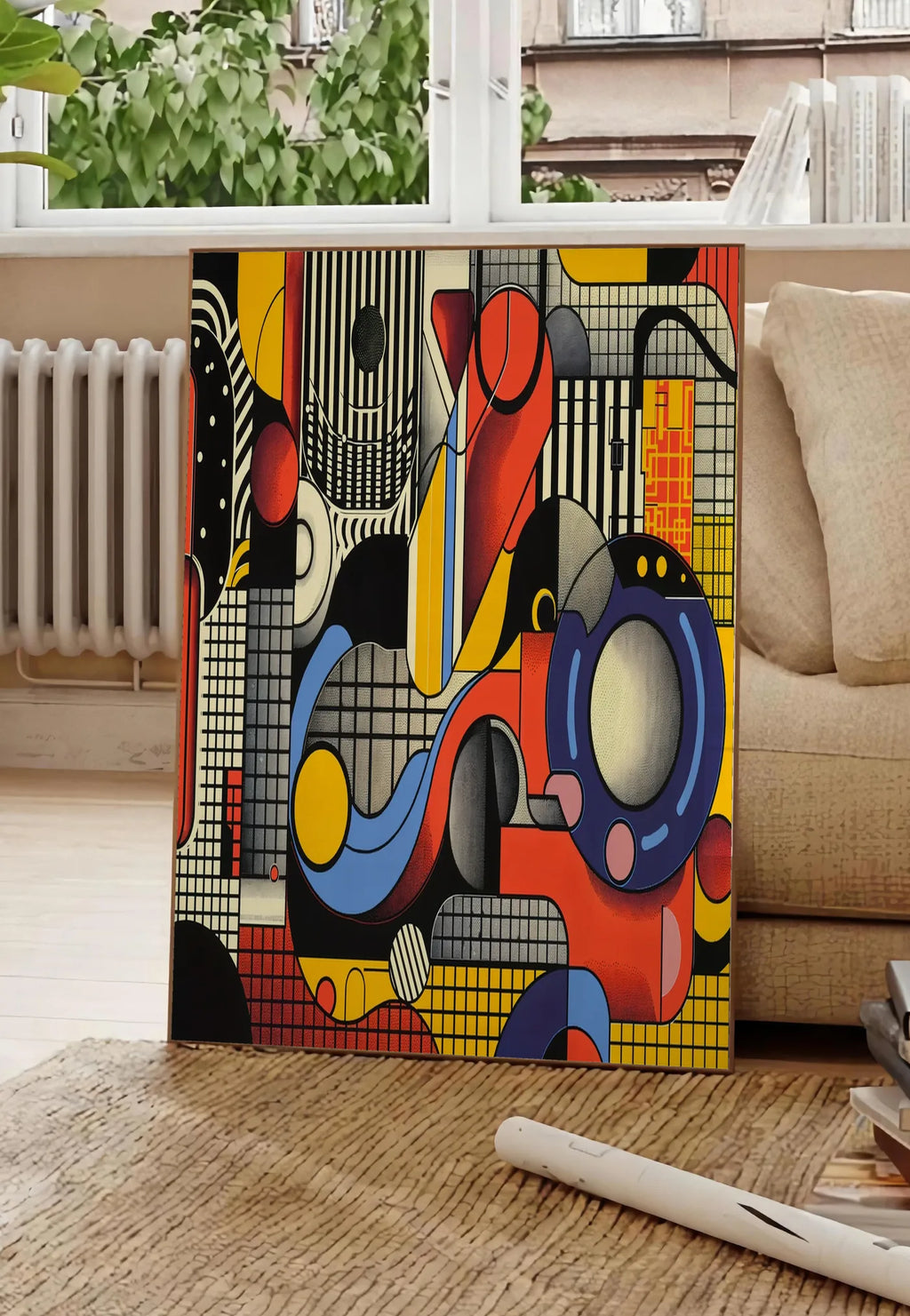 Poster collage Machiniste, posee au sol dans un salon parisien, devant une grande fenetre donnant sur un immeuble haussmannien, entre un ficus et un canape creme