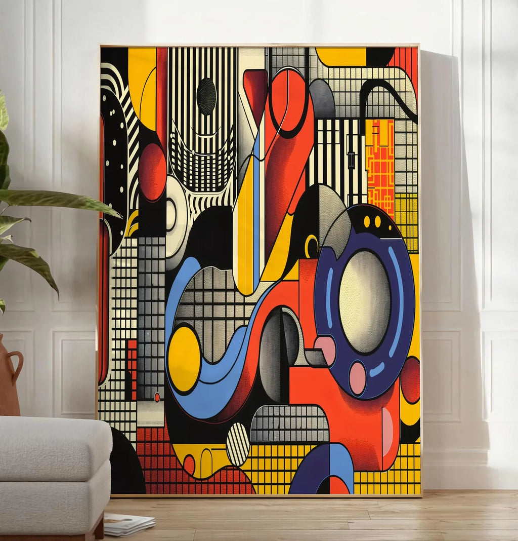 Reproduction collage Machiniste, posee au sol dans un salon minimaliste clair, a cote d'un canape beige et d'une plante verte, sur un parquet clair