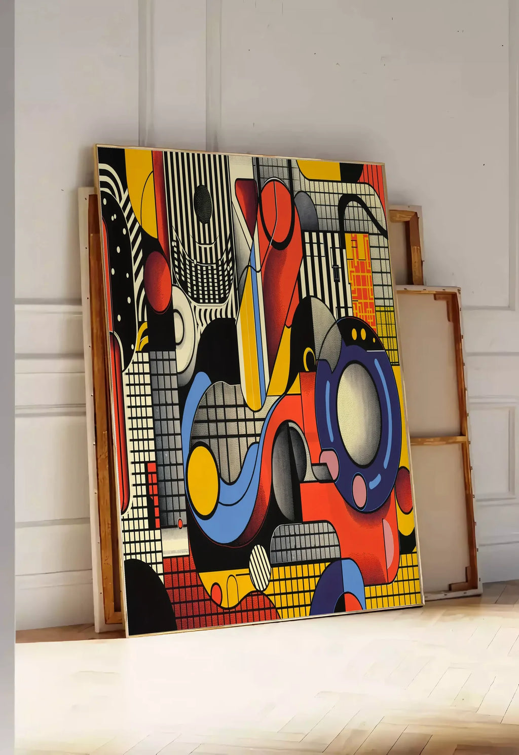 Tirage encadrable collage Machiniste, posee au sol dans une entree lumineuse, contre un mur a panneaux blancs, a cote de chassis en bois empiles