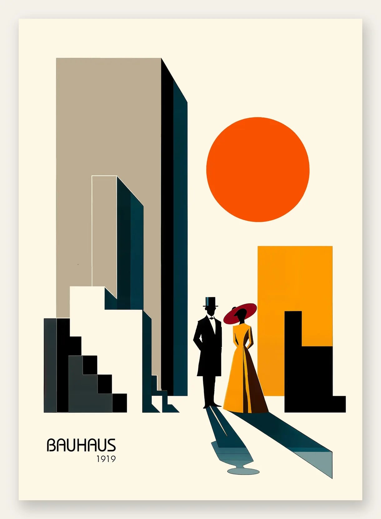 Couple en Ville, affiche Bauhaus geometrique sur fond colore