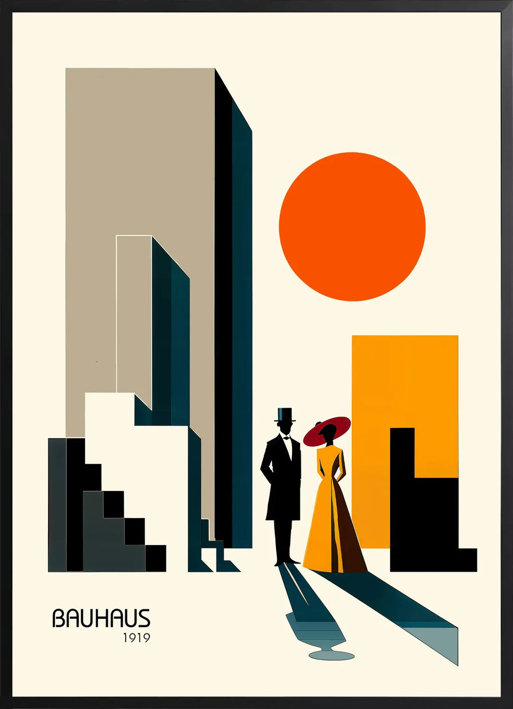 Encadrement noir mat autour de l'affiche Bauhaus couple en ville
