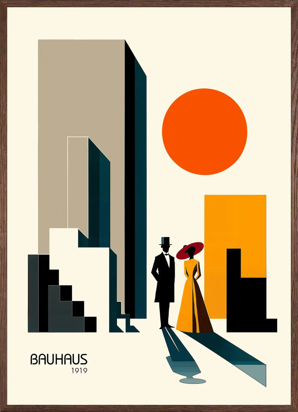 Cadre chene clair entourant l'affiche Bauhaus couple en ville