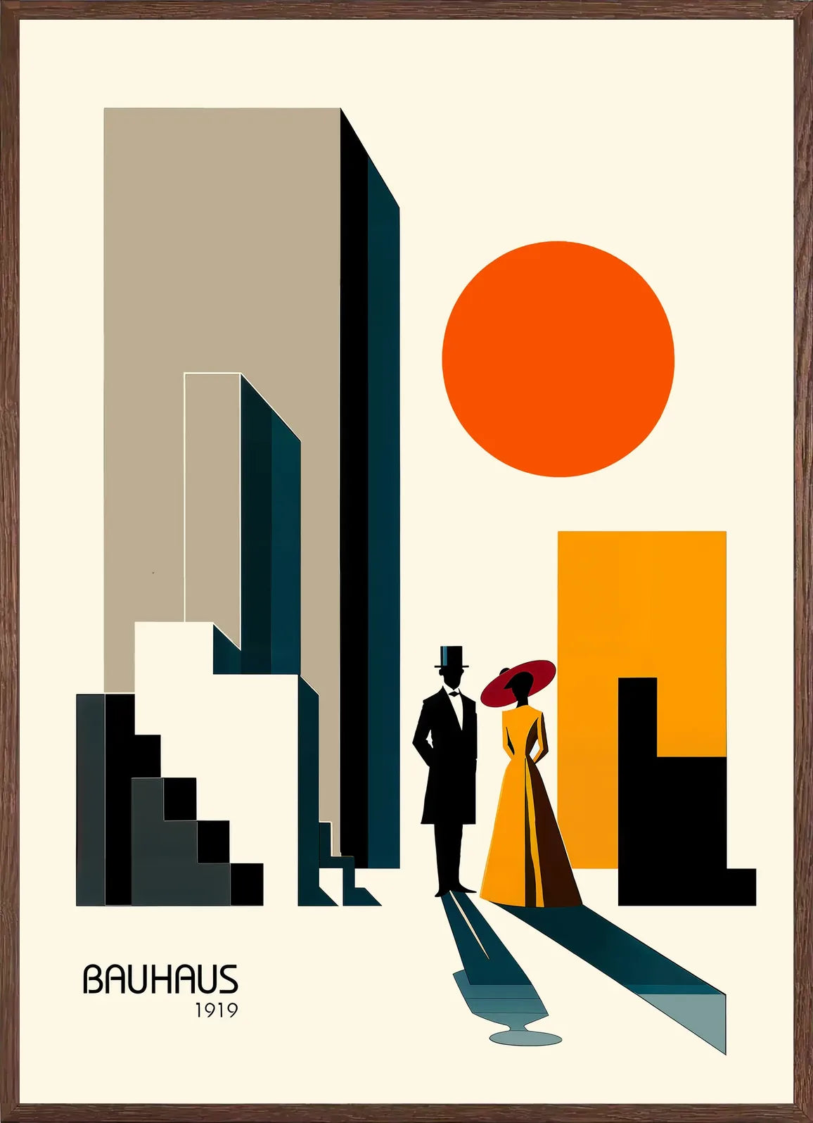 Cadre chene clair entourant l'affiche Bauhaus couple en ville