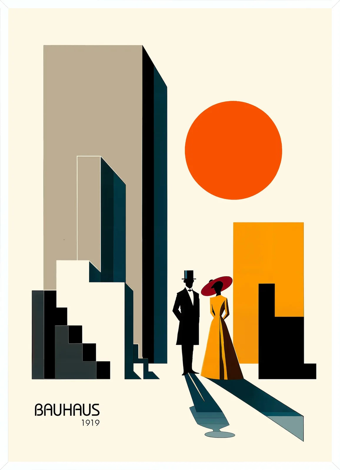 Cadre blanc epure presentant l'affiche Bauhaus couple en ville