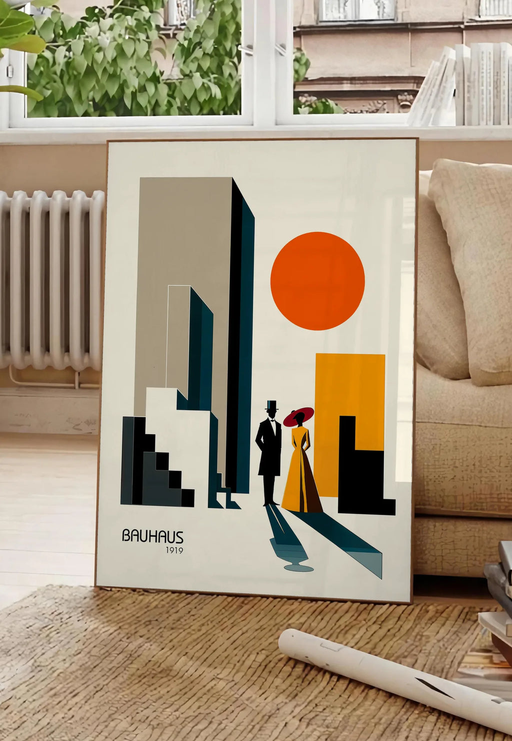 Poster couple en Ville, posee au sol dans un salon parisien, devant une grande fenetre donnant sur un immeuble haussmannien, entre un ficus et un canape creme