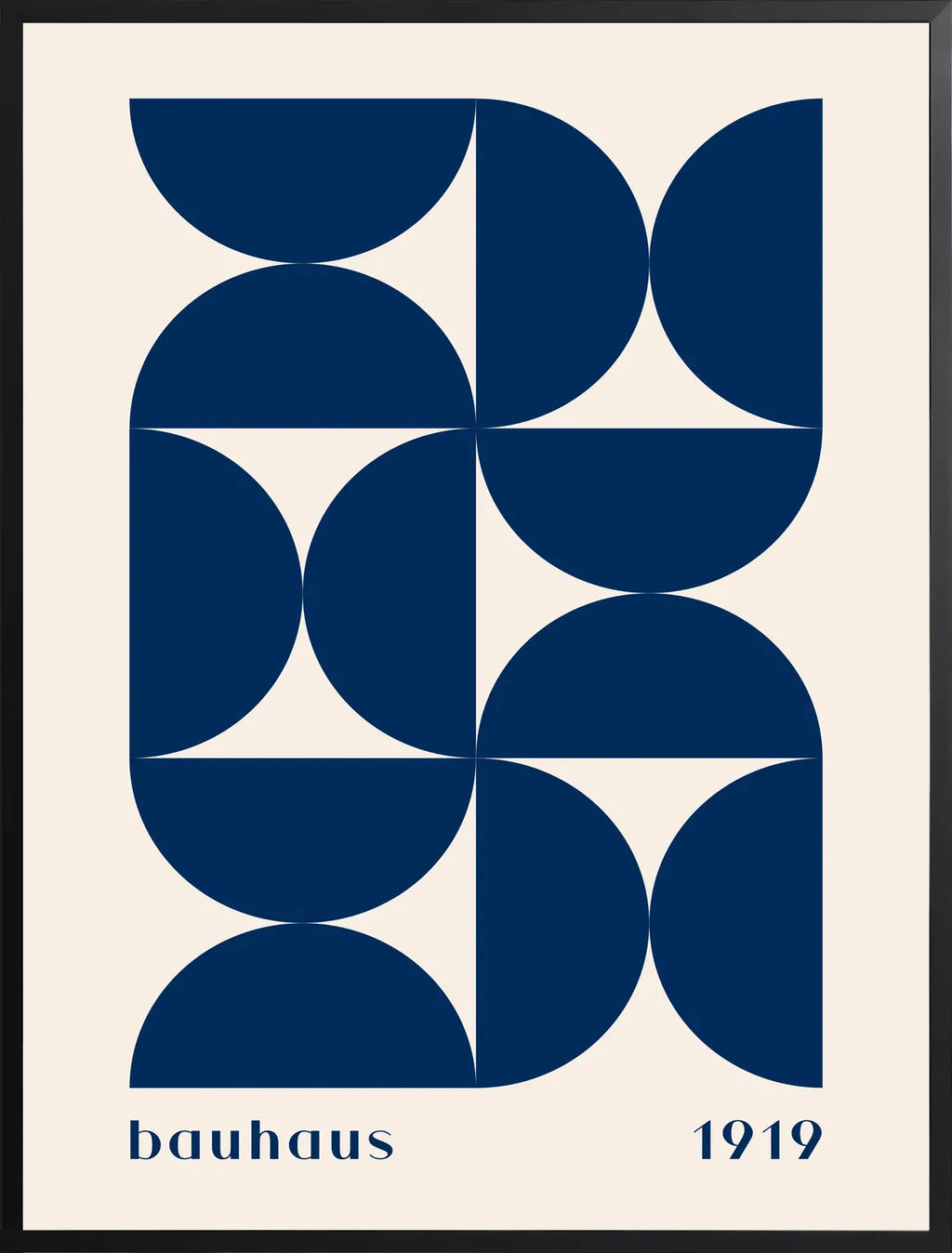 Encadrement noir mat autour de l'affiche Bauhaus demi-cercles bleus