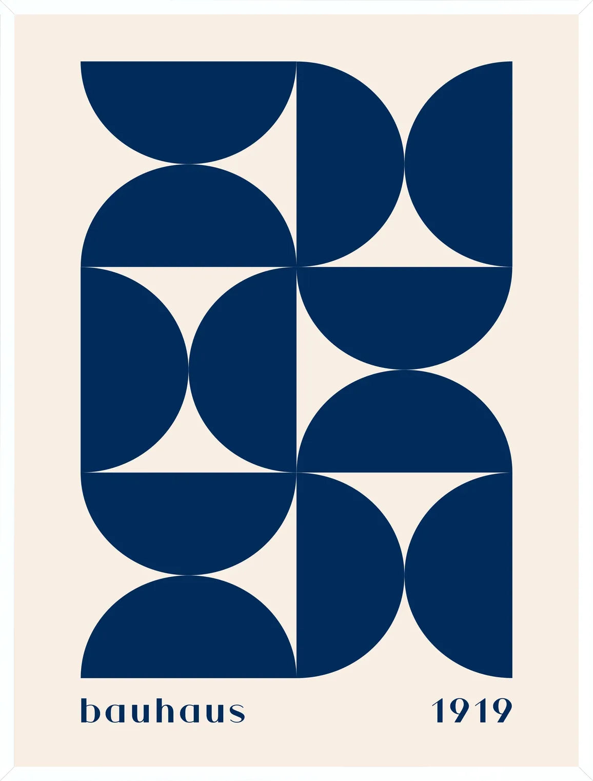 Cadre blanc epure presentant l'affiche Bauhaus demi-cercles bleus