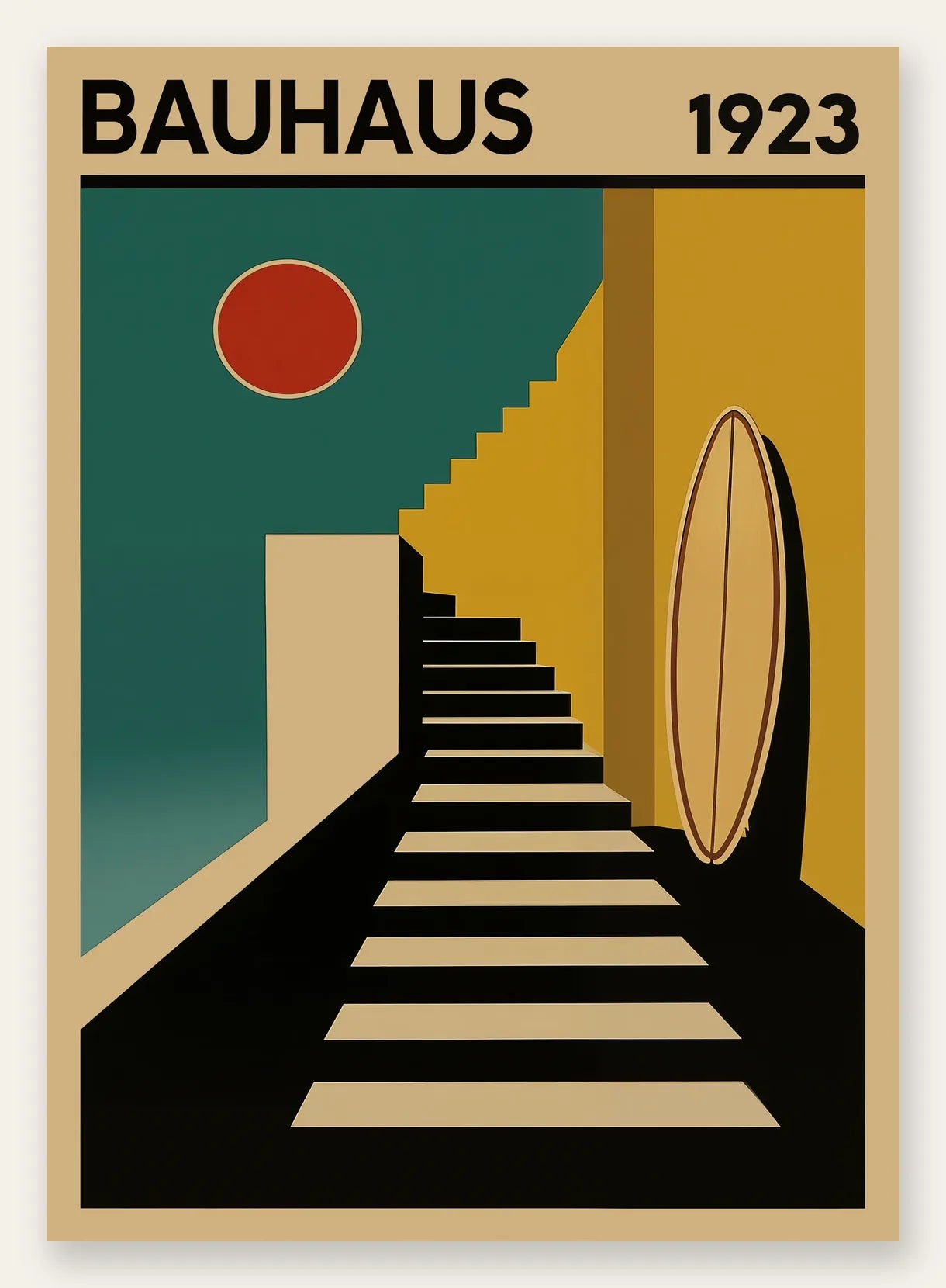 Escalier et Surf, affiche Bauhaus geometrique sur fond colore