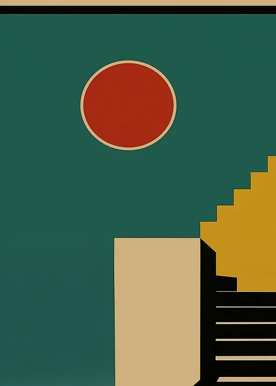 Gros plan sur escalier et surf de l'affiche Bauhaus geometrique