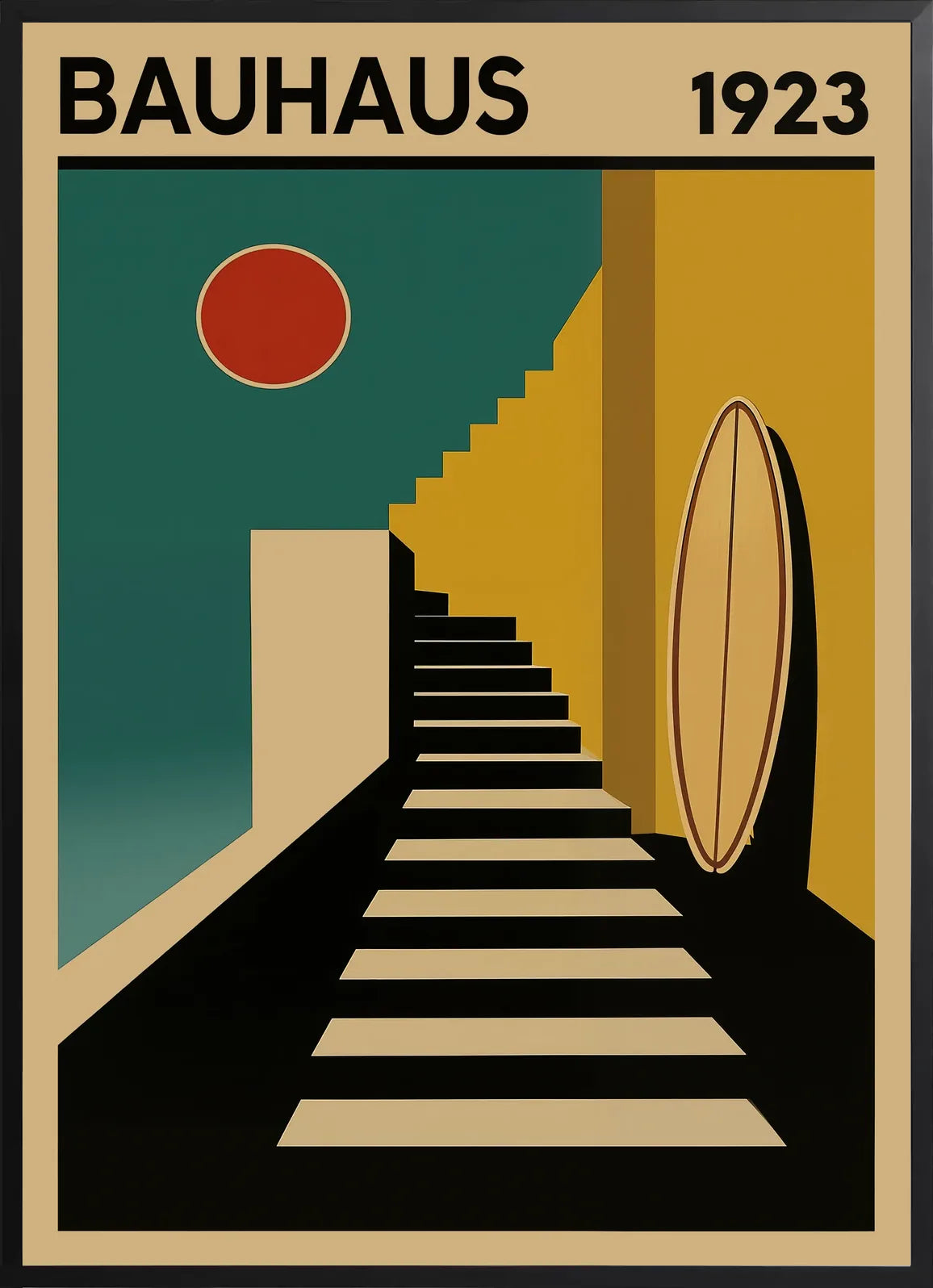 Encadrement noir mat autour de l'affiche Bauhaus escalier et surf