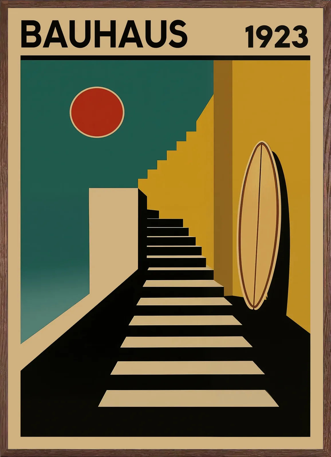 Cadre chene clair entourant l'affiche Bauhaus escalier et surf
