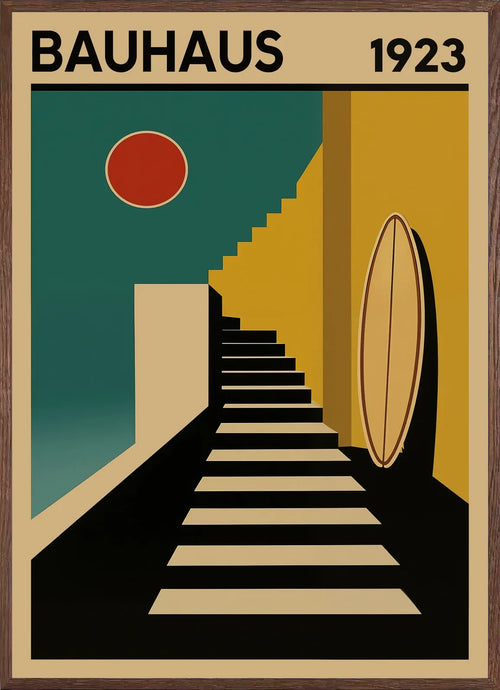 Cadre chene clair entourant l'affiche Bauhaus escalier et surf