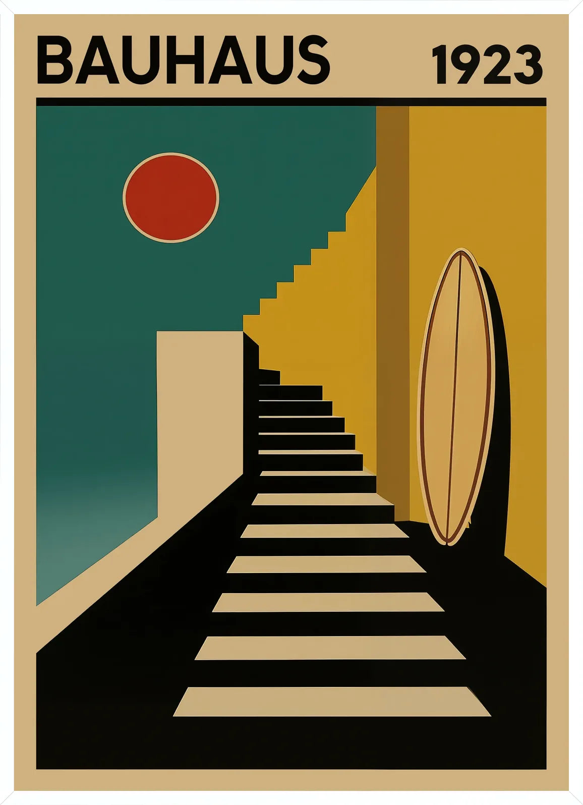 Cadre blanc epure presentant l'affiche Bauhaus escalier et surf