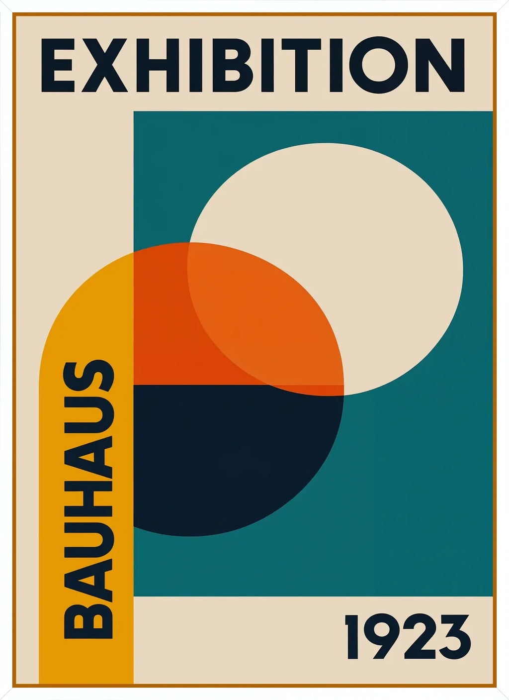 Affiche Bauhaus aux cercles vermillon et bleu de cobalt en cadre blanc fin, look minimal