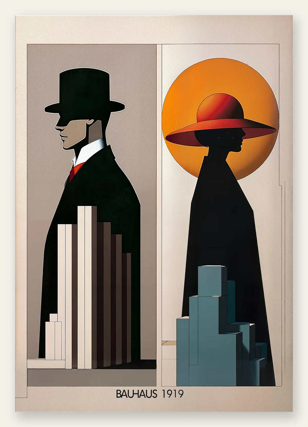 Figures Art Deco, affiche Bauhaus geometrique sur fond colore