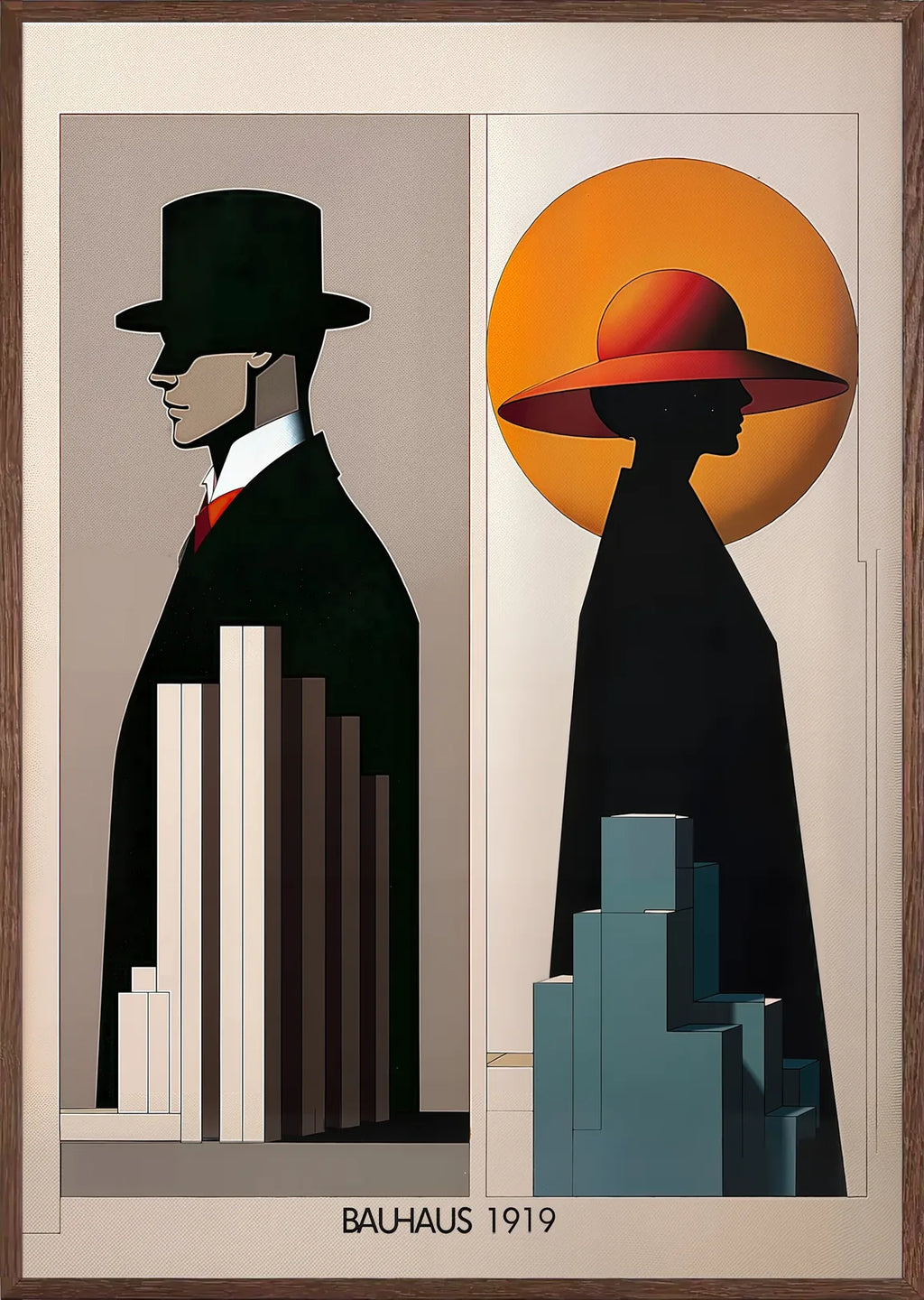 Cadre chene clair entourant l'affiche Bauhaus figures art deco