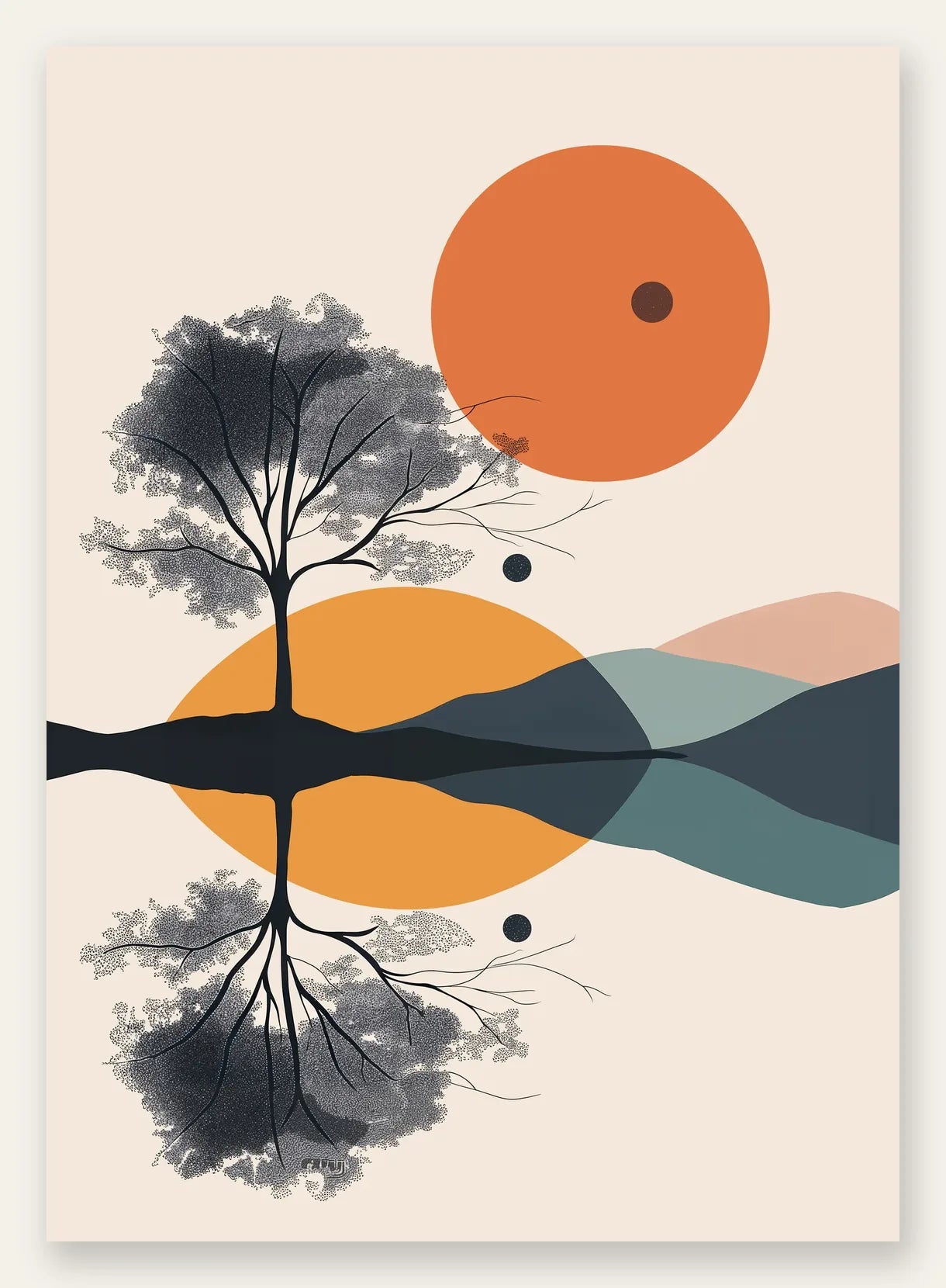 Arbre stylisé noir avec feuillage pointilliste et cercles orange géométriques, palette terracotta, noir d ivoire et blanc casse