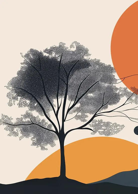 Gros plan sur l arbre stylisé, texture en points visible, grain du papier 275 g/m2 perceptible