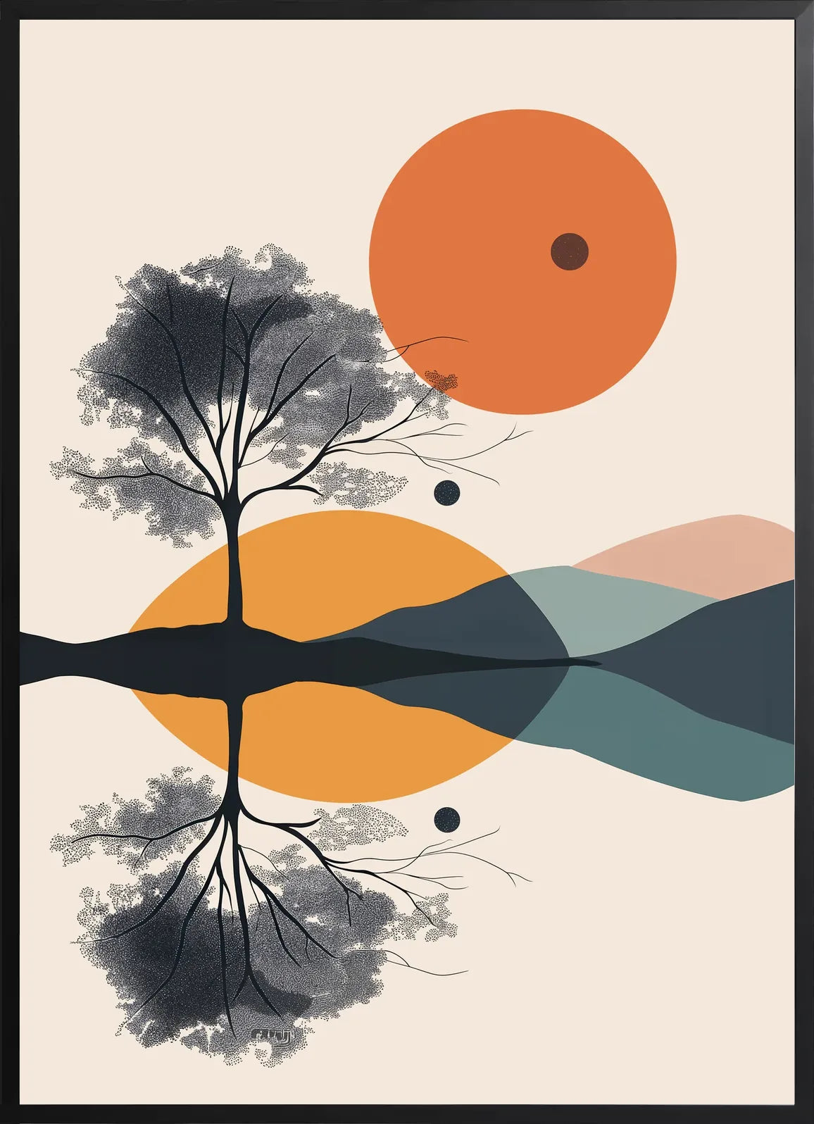Encadrée noir mat, l'image de l'arbre stylisé et son reflet prend un rendu graphique, points et collines en miroir bien lisibles