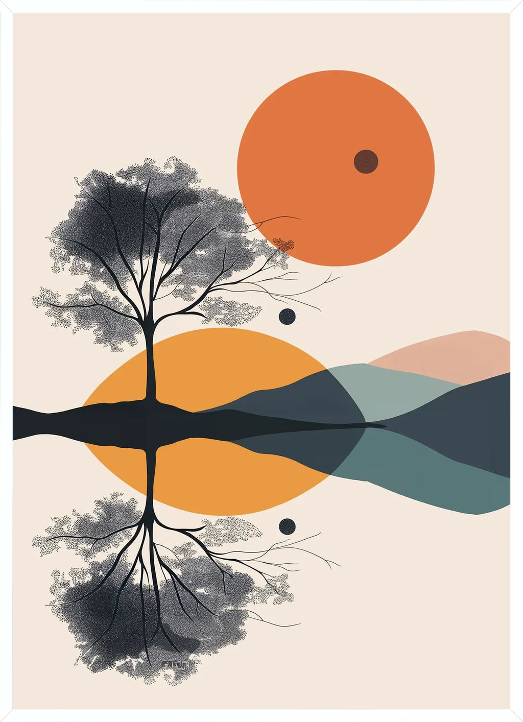 Encadrée en blanc fin, l'affiche de l'arbre stylisé et des cercles orange offre un rendu minimal et mat