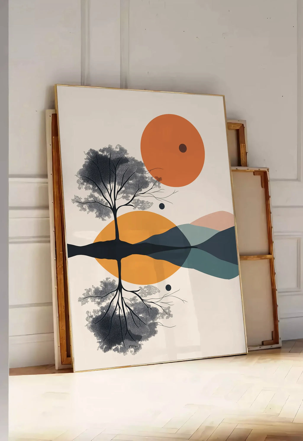 Tirage encadrable arbre stylisé noir avec feuillage pointilliste et cercles orange géométriques, posee au sol dans une entree lumineuse, contre un mur a panneaux blancs, a cote de chassis en bois empiles