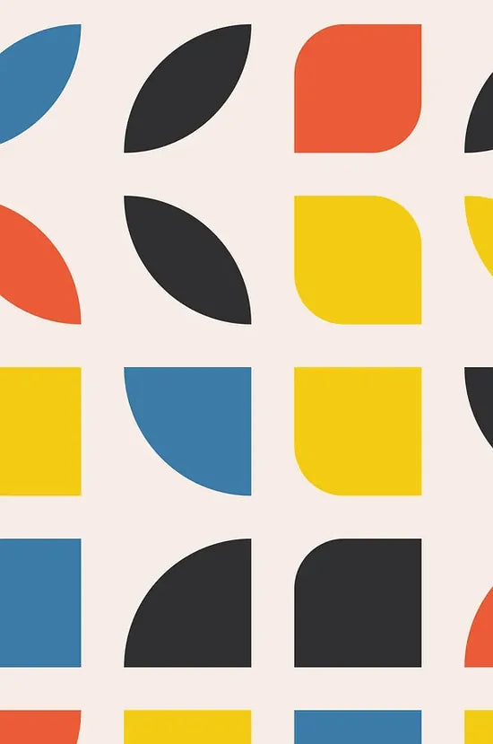 Gros plan sur cercles et carres de l'affiche Bauhaus geometrique