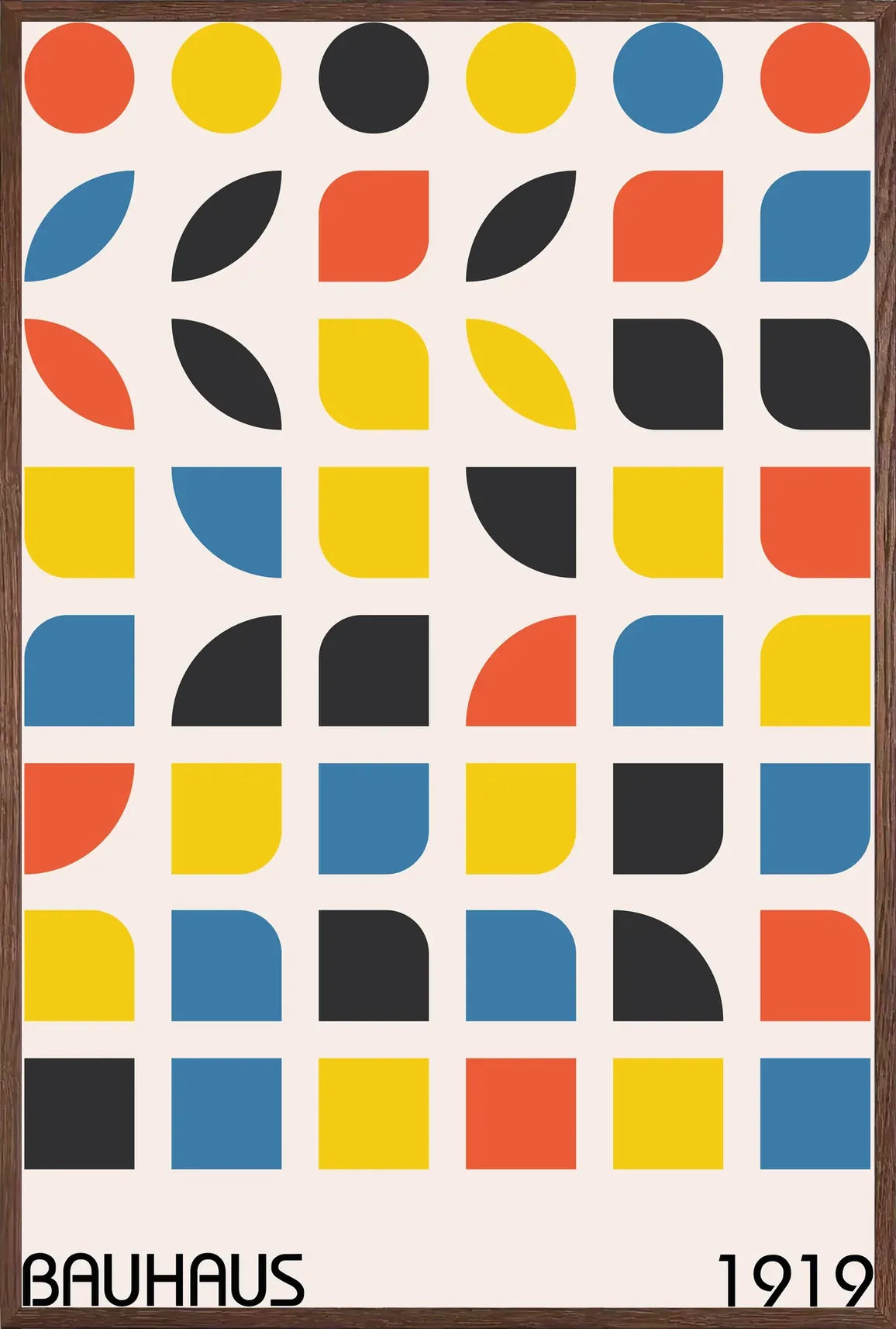 Cadre chene clair entourant l'affiche Bauhaus cercles et carres