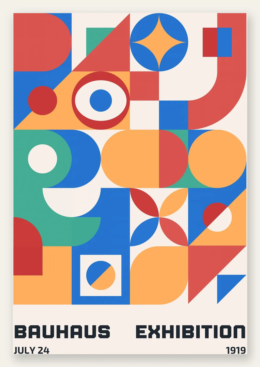Grille de Formes Colorees, affiche Bauhaus geometrique sur fond colore